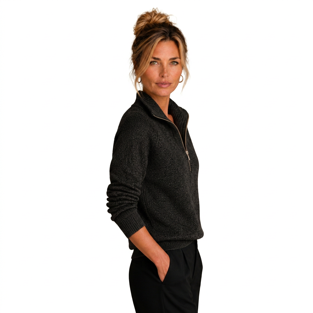 Women's Cashmere-Look Half-Zip Knitted Pullover Sweater with Long Sleeves