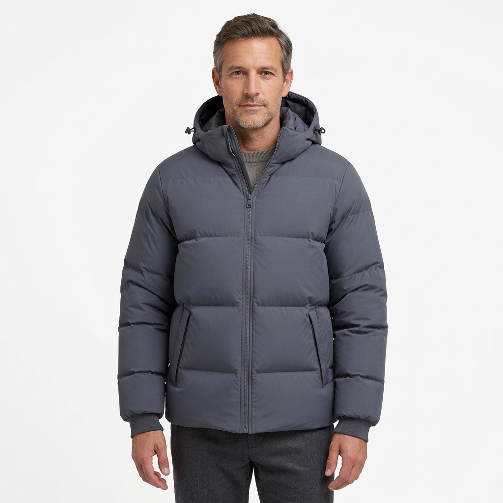 Men's Hooded Puffer Jacket with Zip Pockets and Ribbed Cuffs