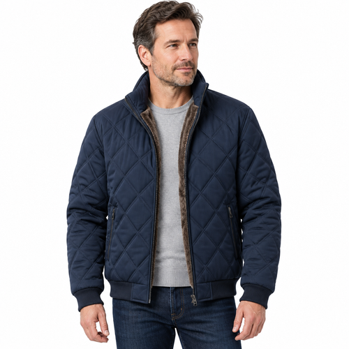 Man modelling blue quilted jacket