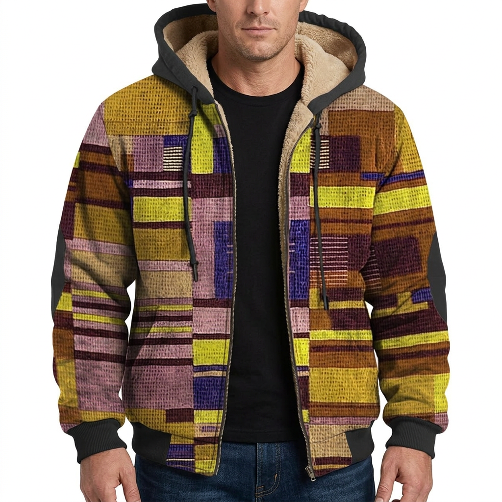 Man modelling yellow patchwork hooded jacket