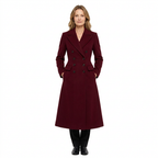 Women's Long Double-Breasted Wool Blend Winter Coat with Lapel Collar