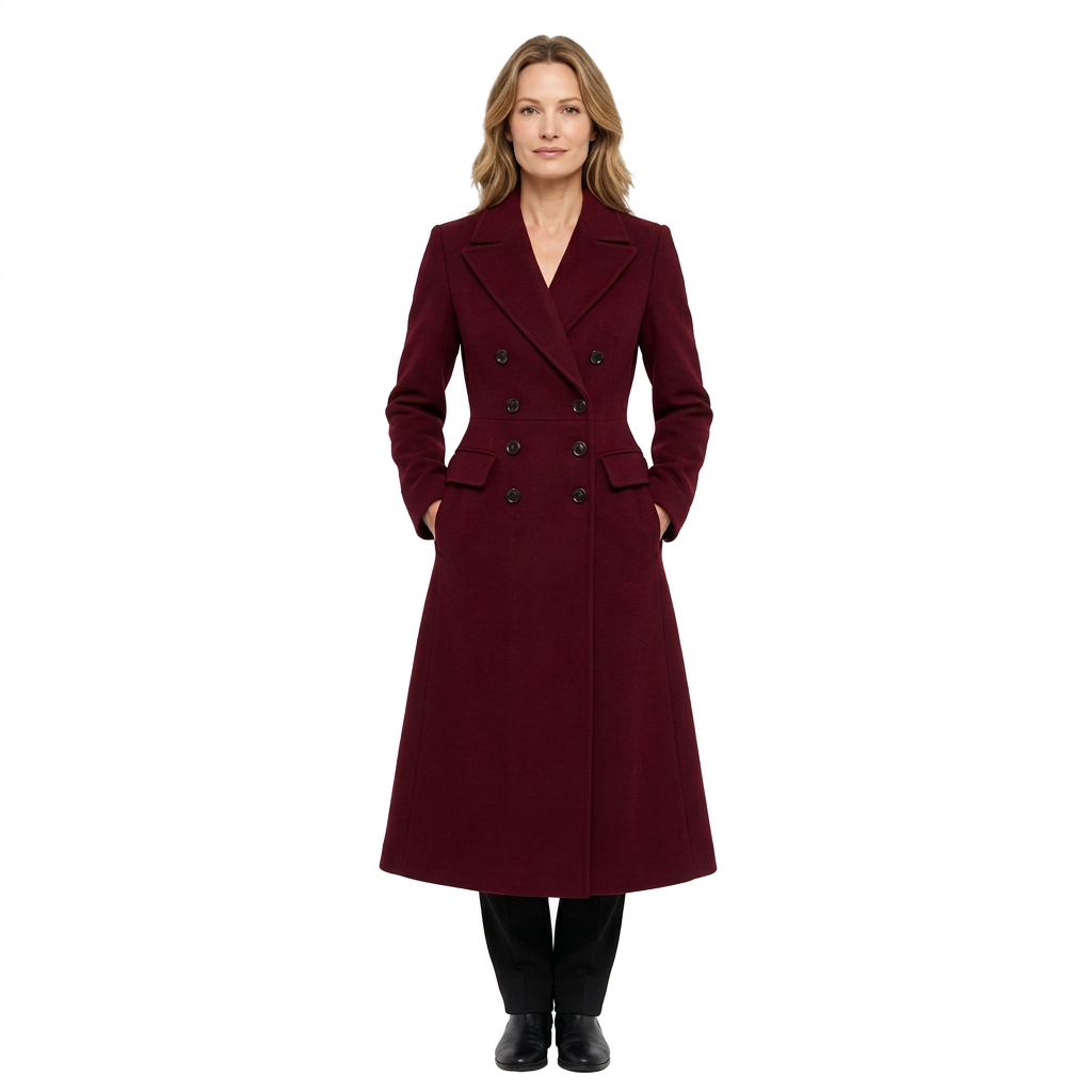 Women's Long Double-Breasted Wool Blend Winter Coat with Lapel Collar