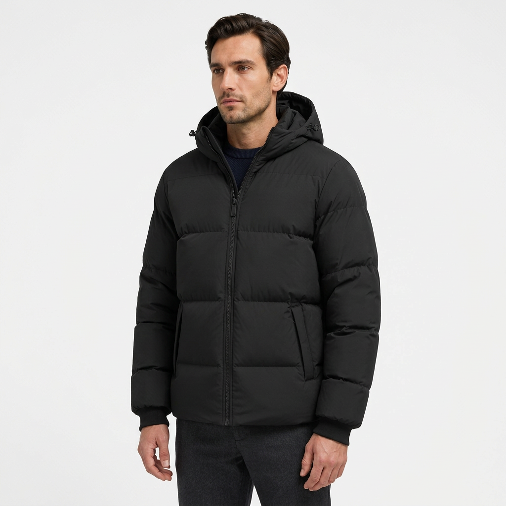 Man wearing black hooded puffer jacket