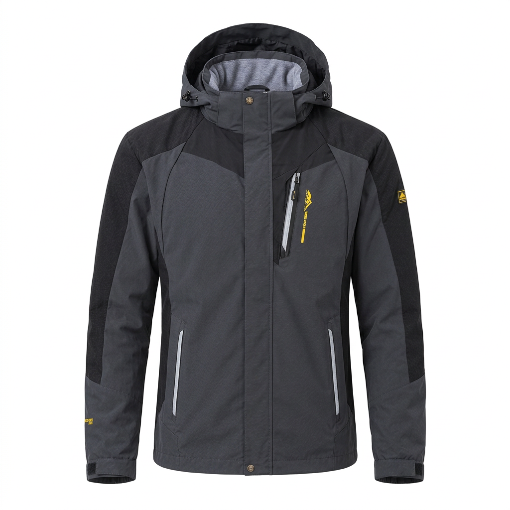 Dark grey hooded hiking jacket on white background