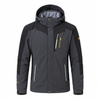 Dark grey hooded hiking jacket on white background