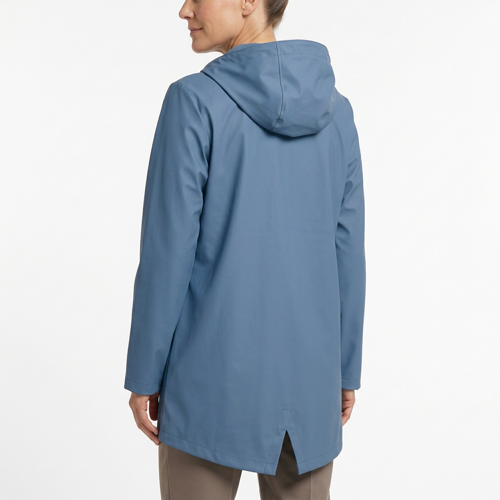 Blue rain jacket rear three-quarter view