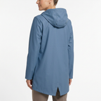 Blue rain jacket rear three-quarter view