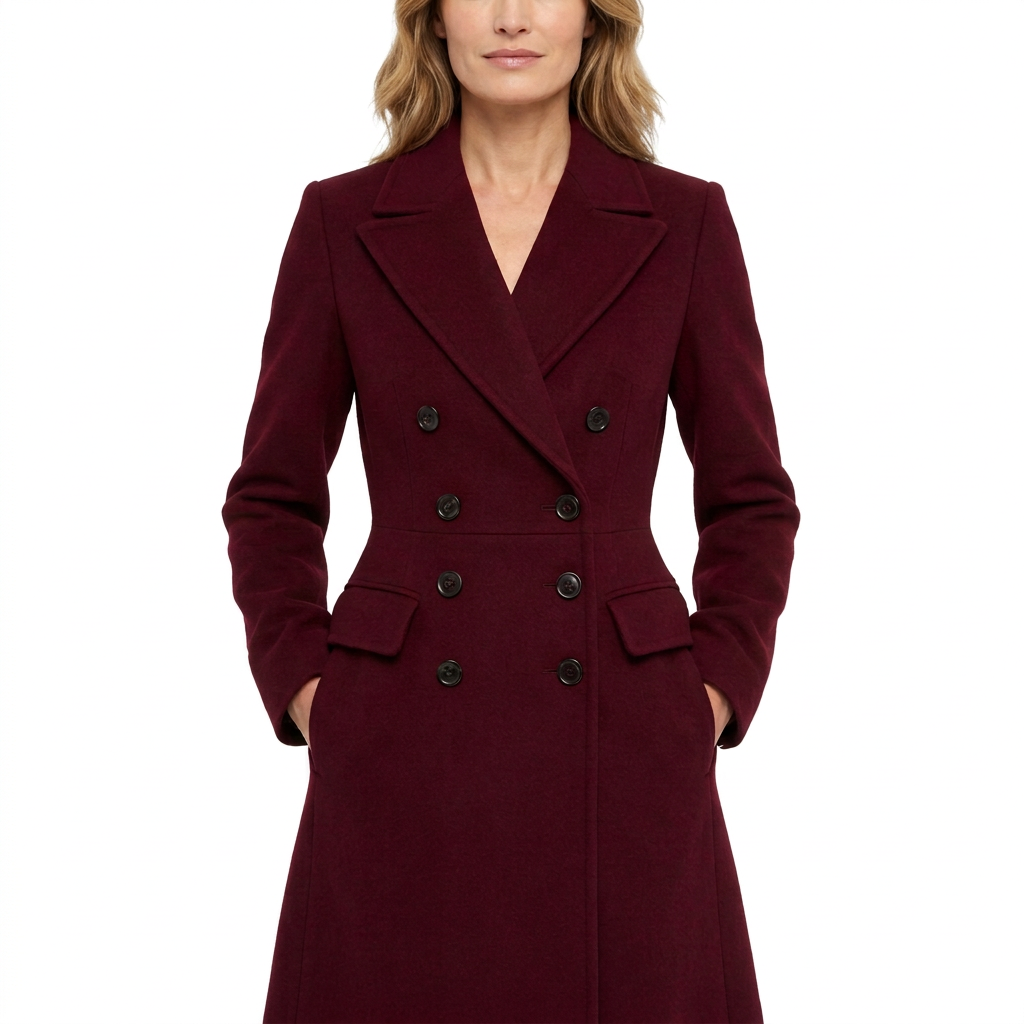 Women's Long Double-Breasted Wool Blend Winter Coat with Lapel Collar