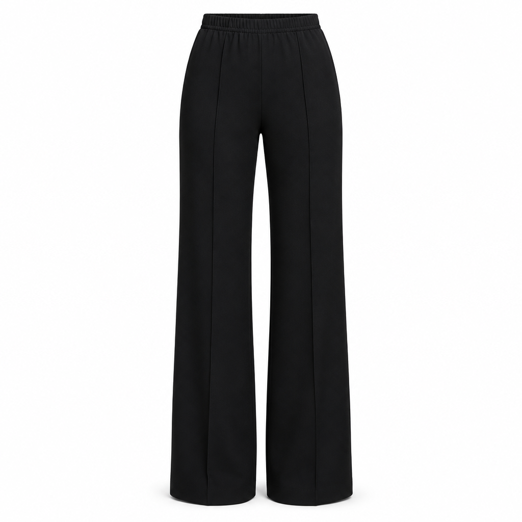 Black wide-leg trousers on a white background