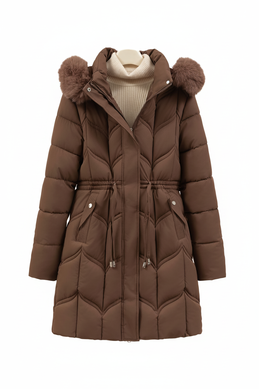 Women's Faux Puffer Coat - Brown Front