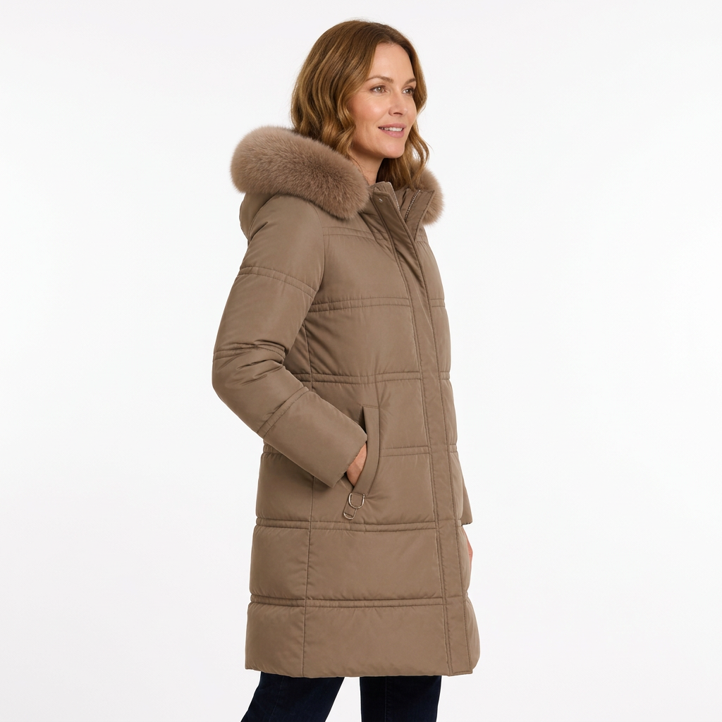 Brown fur-trimmed parka on a new model, side view on white background