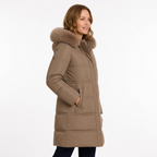 Brown fur-trimmed parka on a new model, side view on white background