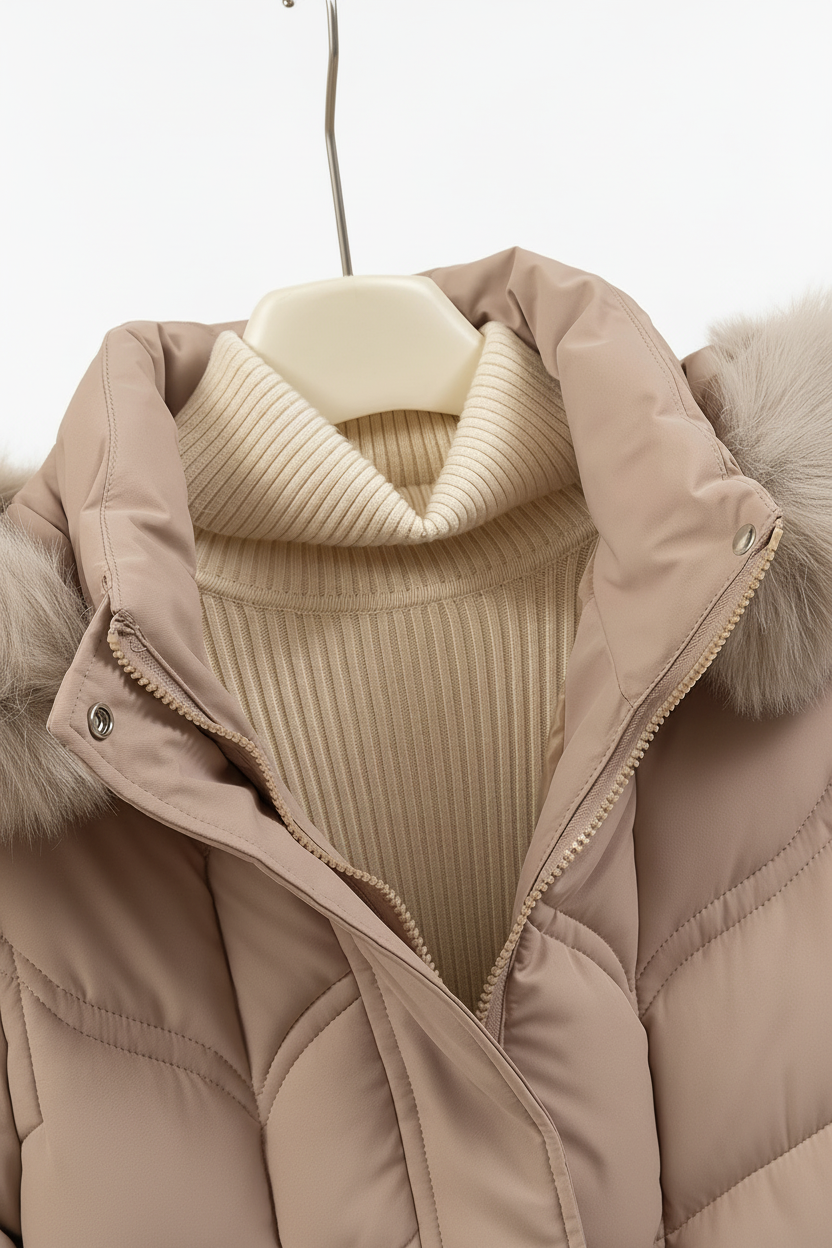Women's Faux Puffer Coat - Camel Detail