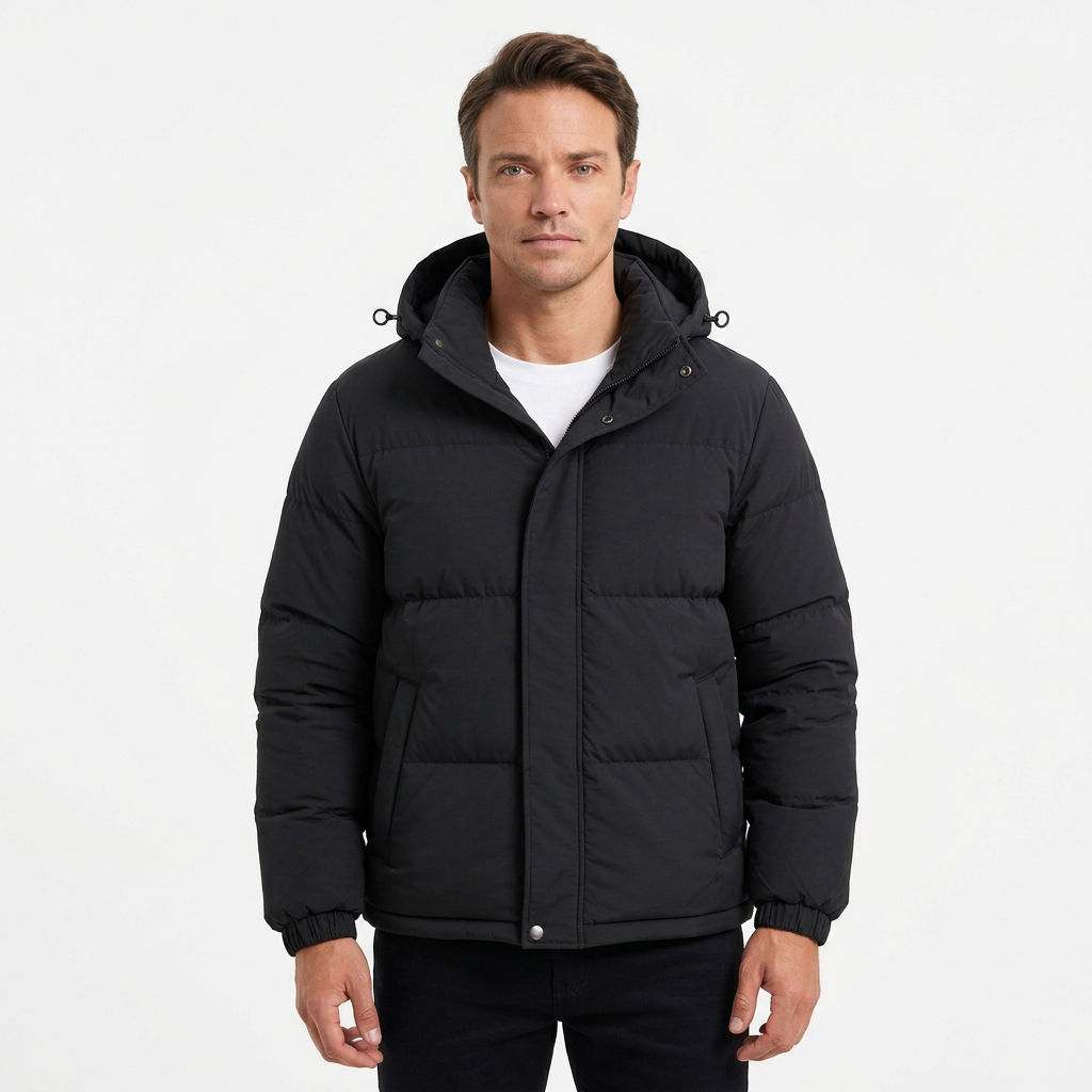 Men’s Winter Hooded Puffer Jacket – Padded Quilted Coat with Storm Flap