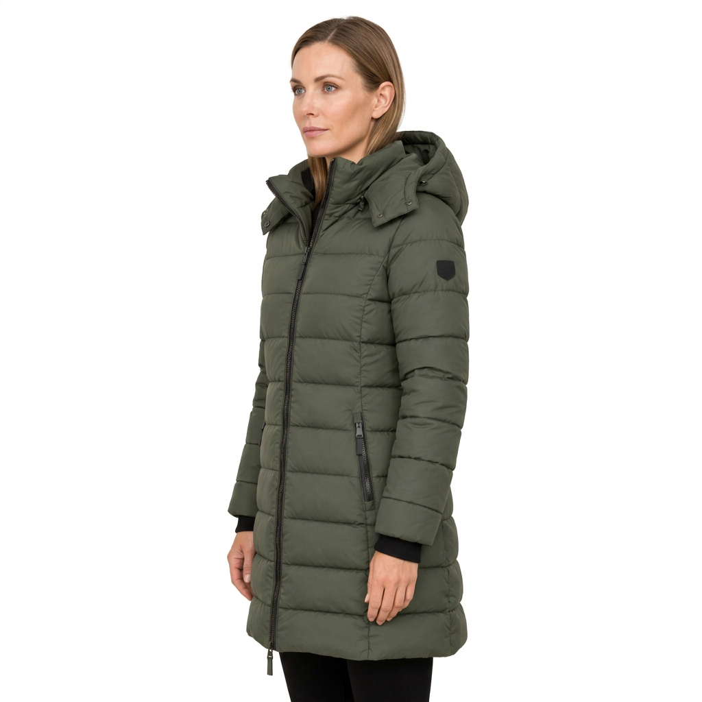 Women's Mid Length Puffer Jacket with Detachable Hood