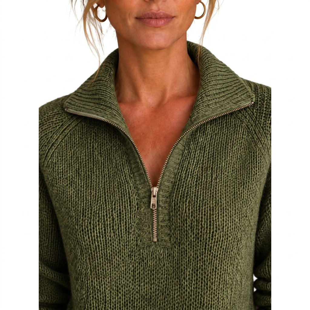 Women's Cashmere-Look Half-Zip Knitted Pullover Sweater with Long Sleeves