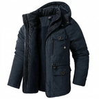 Navy blue fleece-lined winter parka on white background