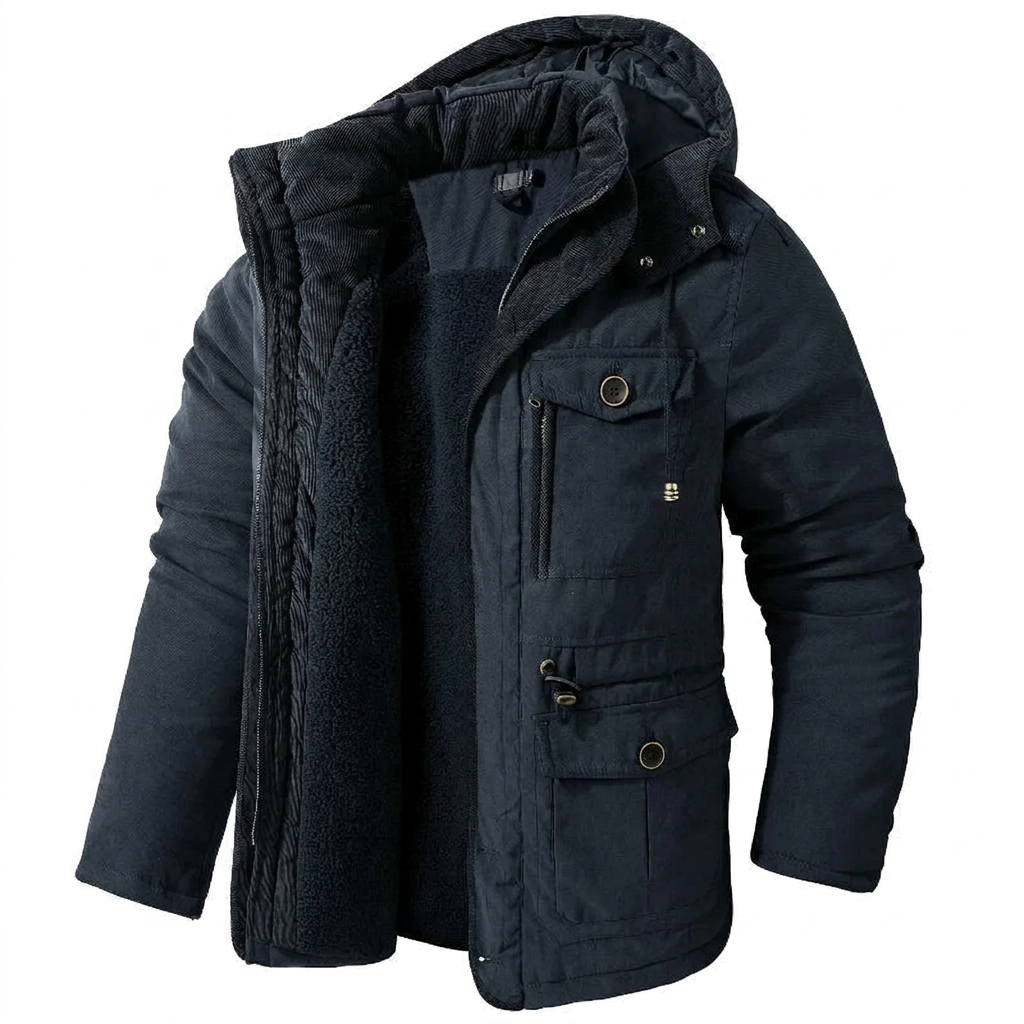 Navy blue fleece-lined winter parka on white background