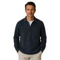 Navy popover shirt on a male model in his forties, front view on white background