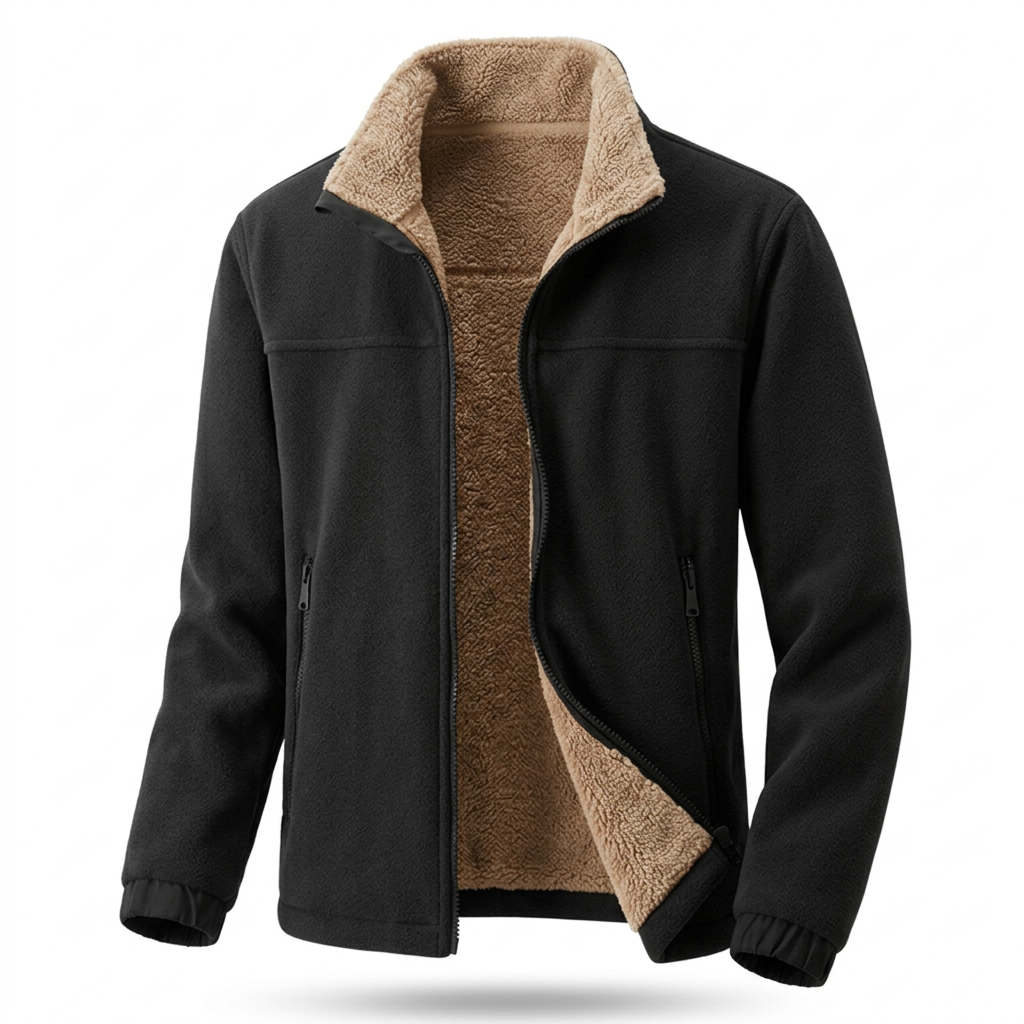Black sherpa-lined fleece jacket on white background