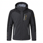 Black hooded hiking jacket on white background
