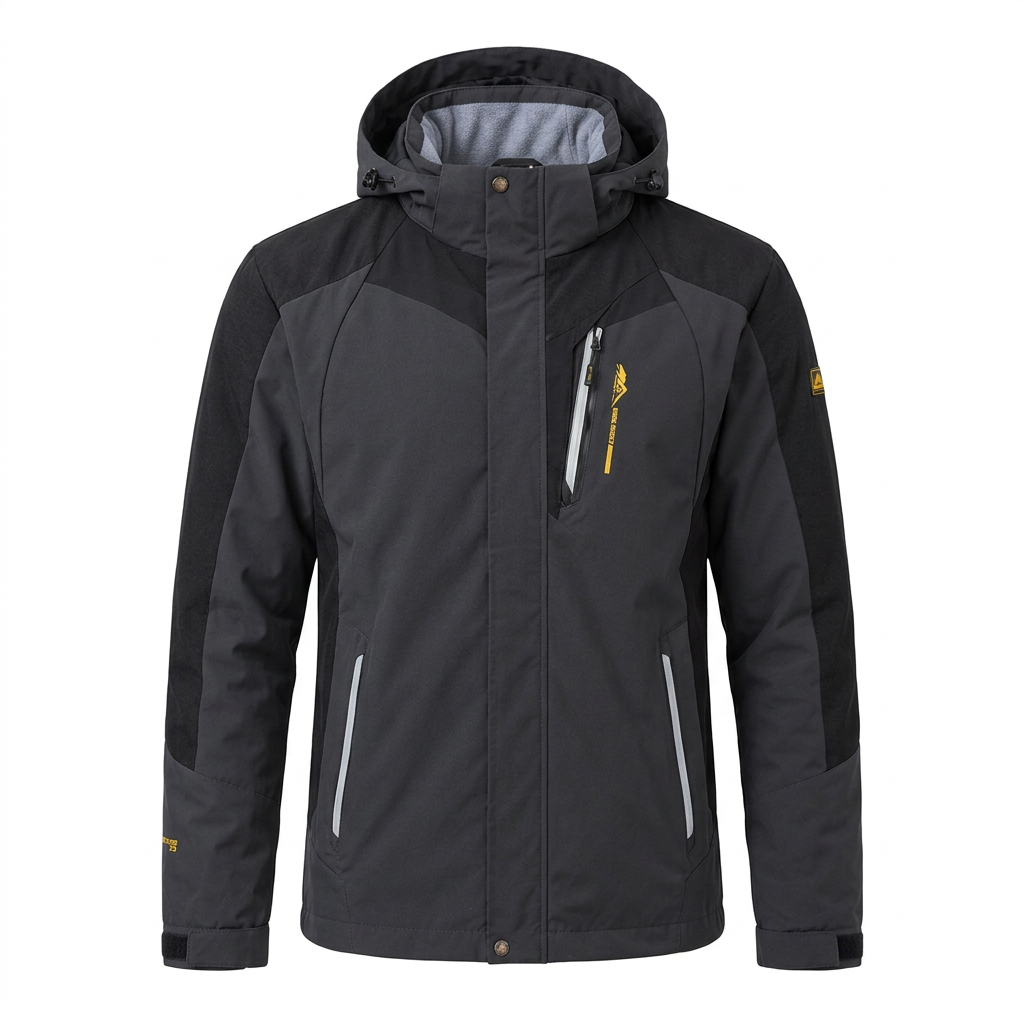 Black hooded hiking jacket on white background