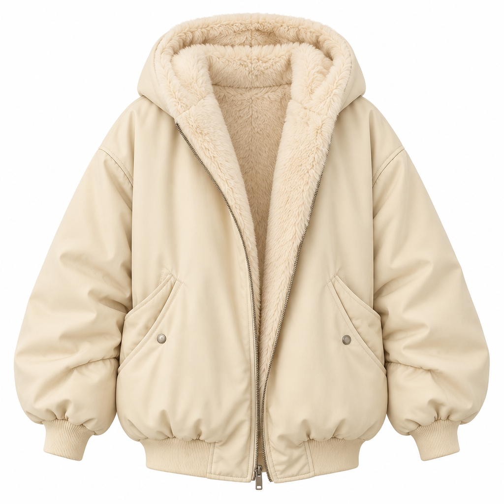 Beige hooded puffer jacket on a white background