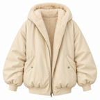 Beige hooded puffer jacket on a white background