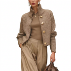 Women's Cropped Knit Cardigan with Stand Collar and Button Front