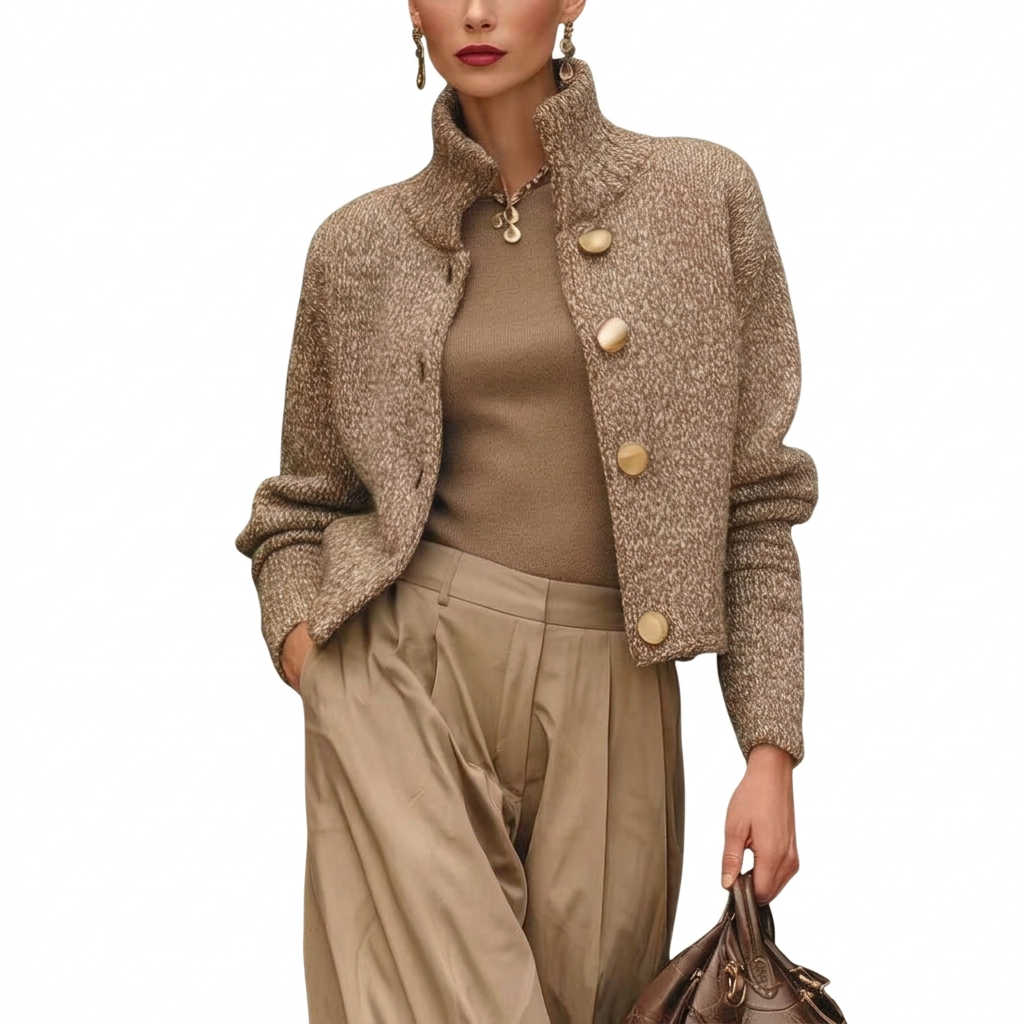 Women's Cropped Knit Cardigan with Stand Collar and Button Front