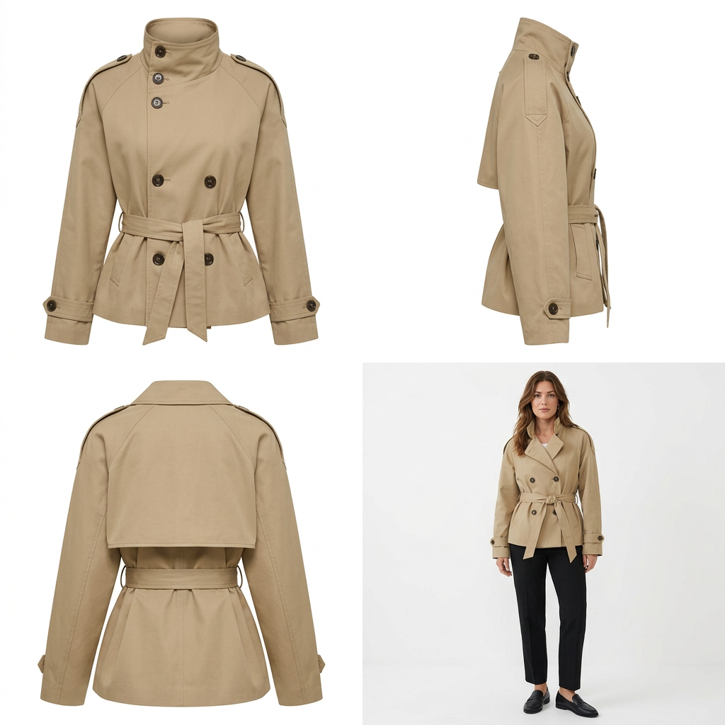 Women's Short Double-Breasted Trench Coat with Belt