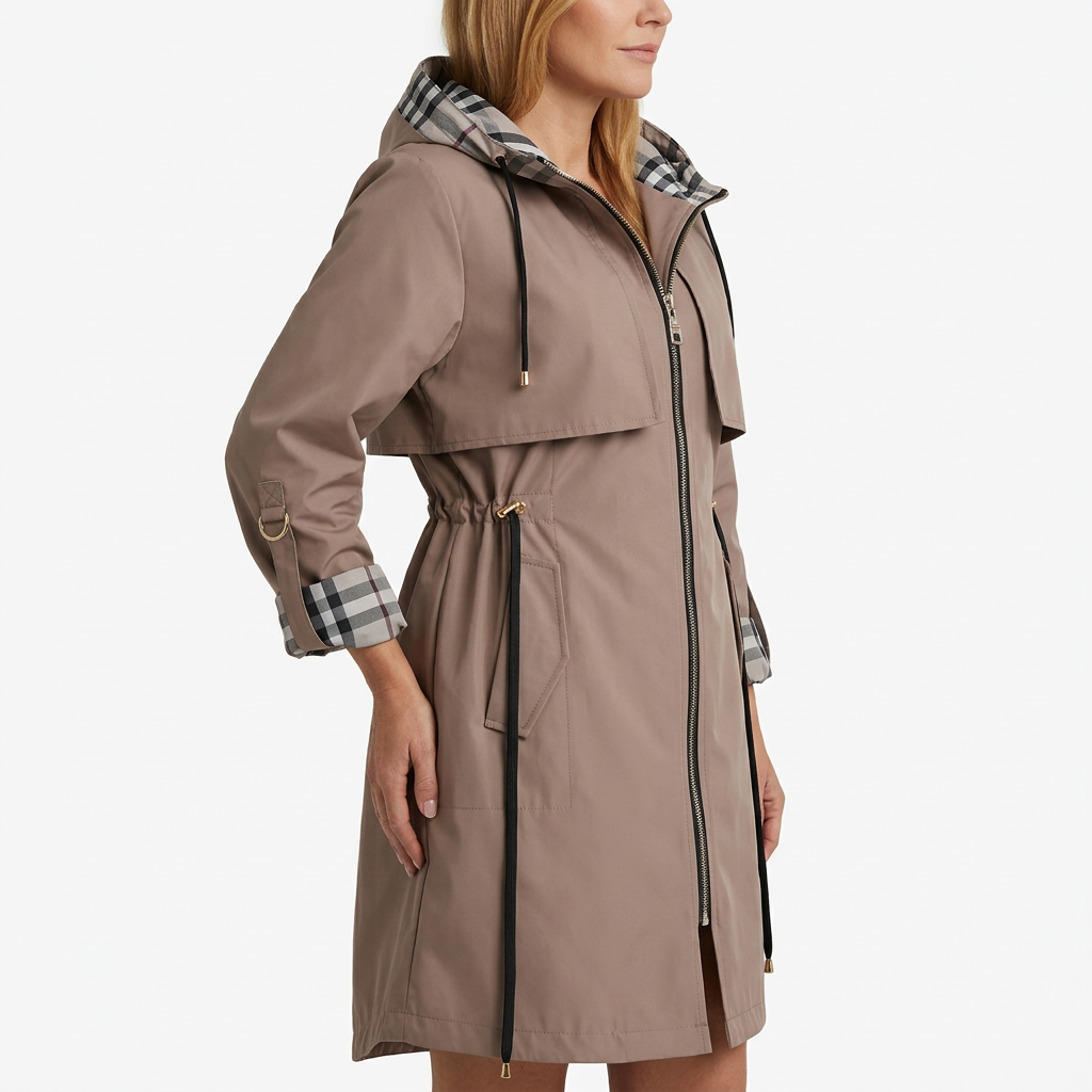 Brown hooded zip coat side view