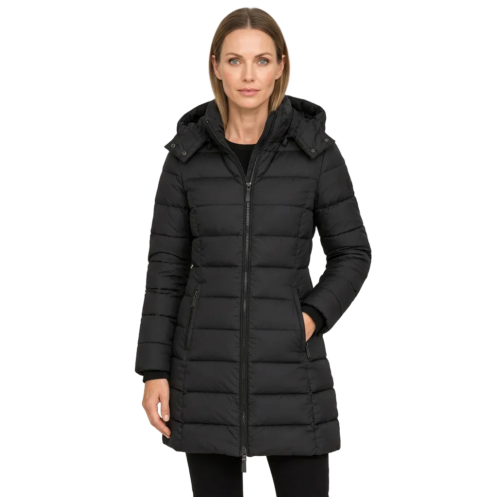 Women's Mid Length Puffer Jacket with Detachable Hood