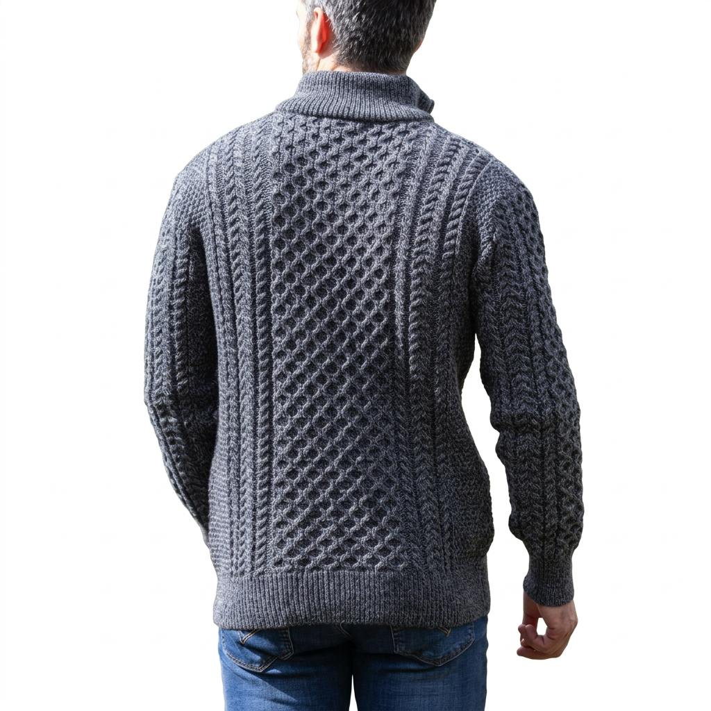 Men’s Half-Zip Jumper in Merino Wool with Aran Pattern for Warmth