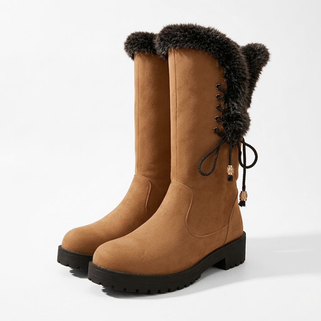 Women's Suede Mid Calf Boots with Faux-Fur Cuff for Cold Weather