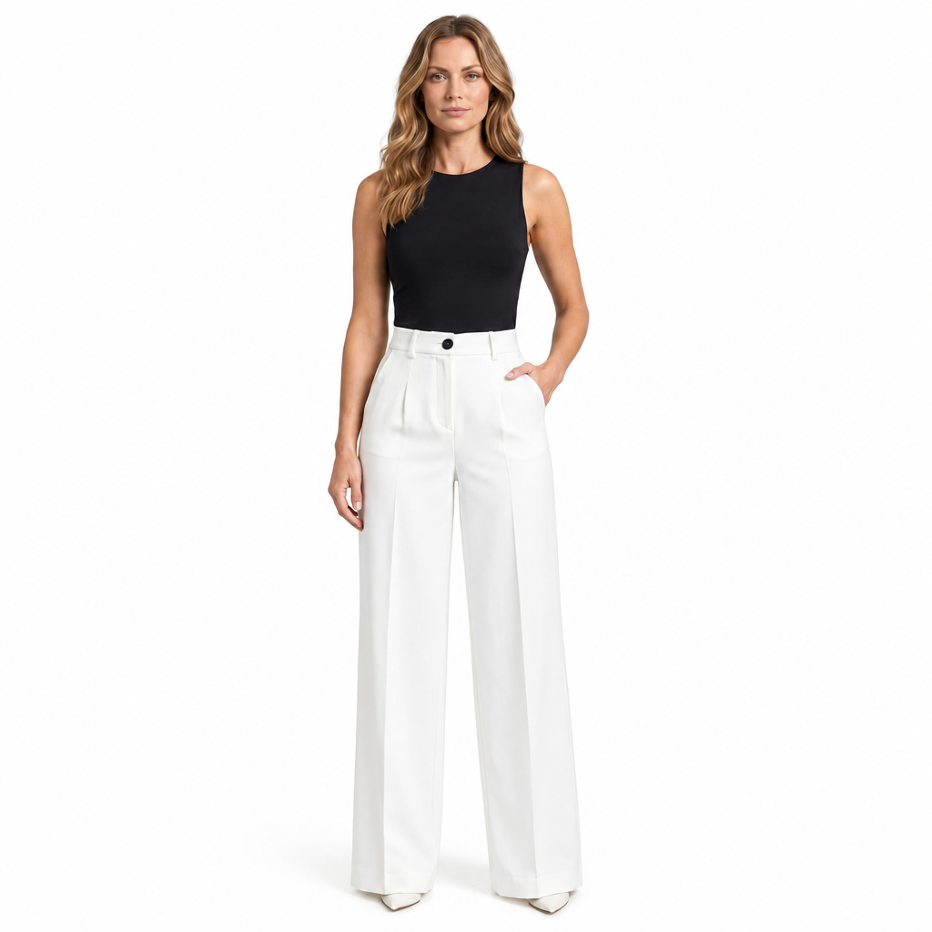 Woman modelling white tailored trousers