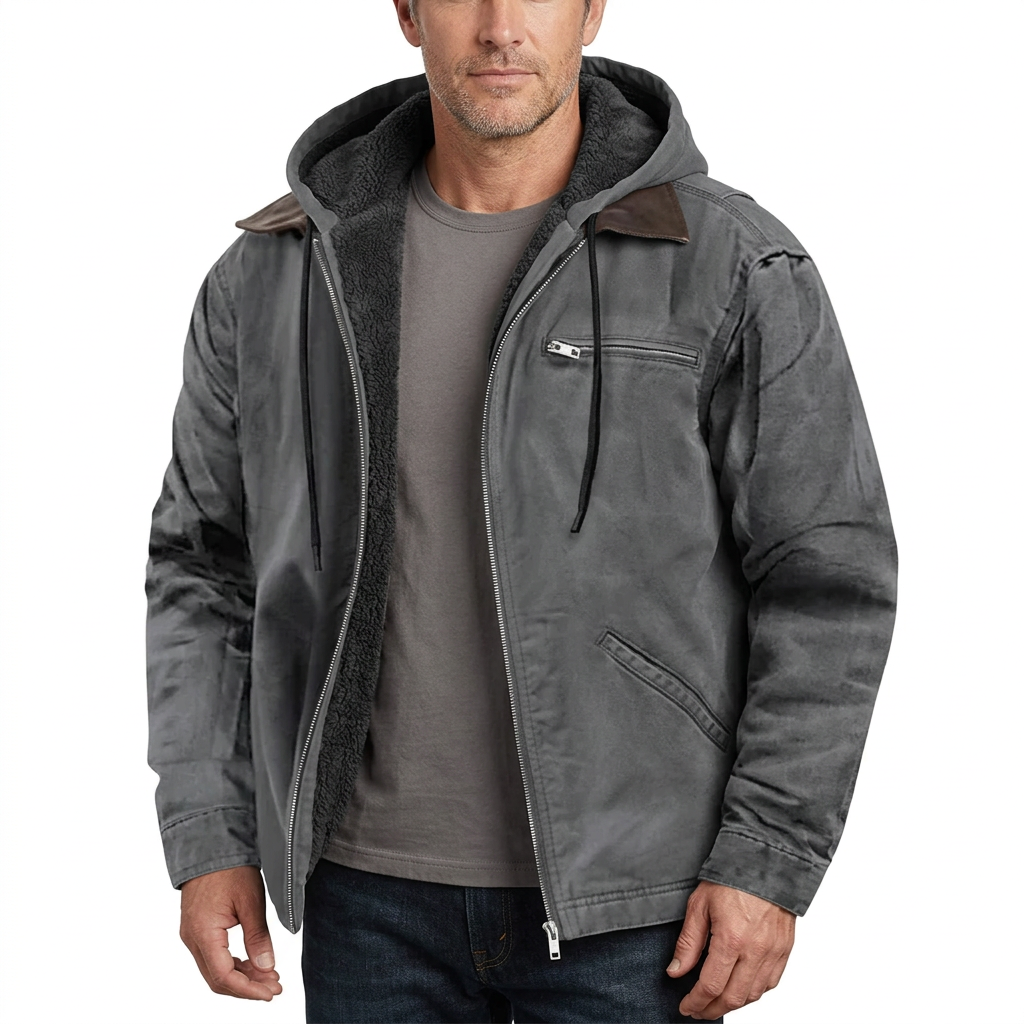 Men's Hooded Jacket with Zip Front and Drawstring Hood for Casual Wear