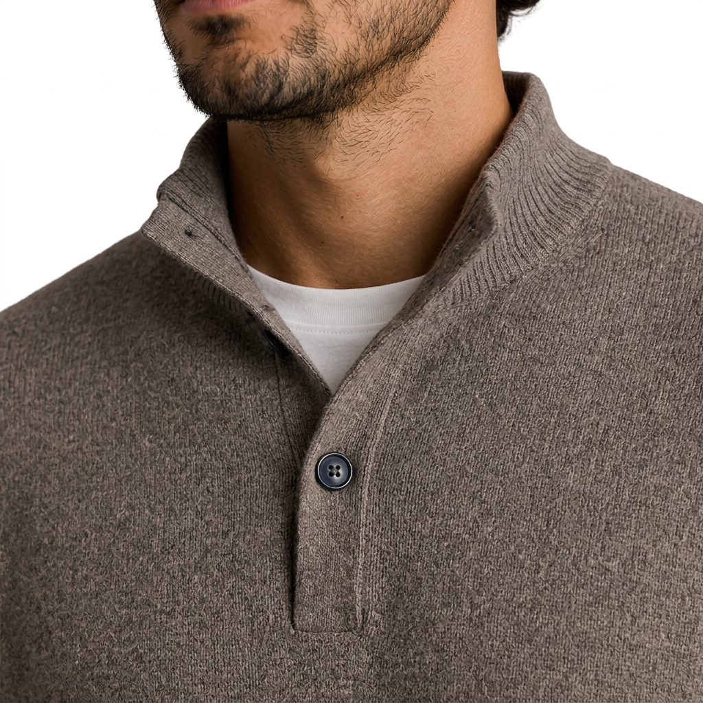 Men’s Long Sleeve Knit Polo Sweater with Ribbed Cuffs and Hem