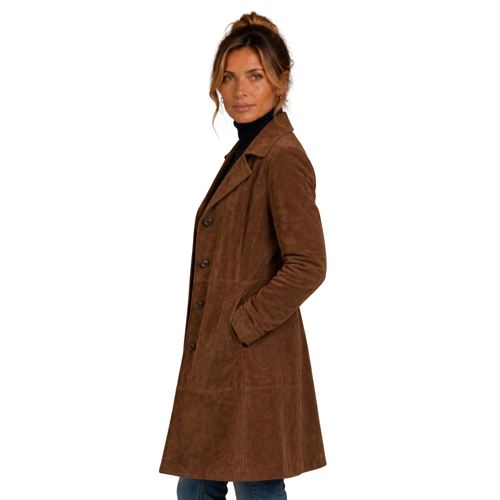 Brown suede longline coat, side view on white background
