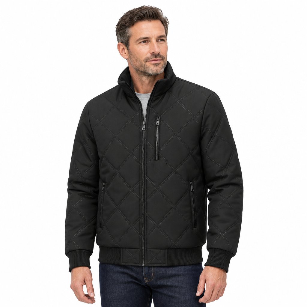 Man modelling black quilted jacket