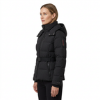 Women's Belted Puffer Jacket with Detachable Hood and Zipped Pockets