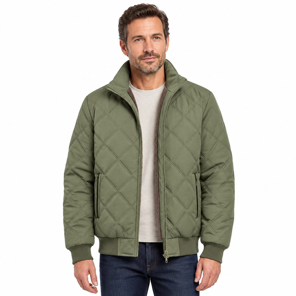 Man modelling military green quilted jacket