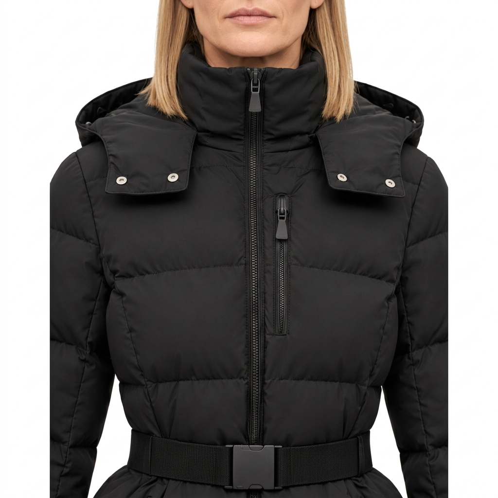 Women's Belted Puffer Jacket with Detachable Hood and Zipped Pockets