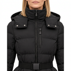 Women's Belted Puffer Jacket with Detachable Hood and Zipped Pockets