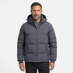 Man wearing dark grey hooded puffer jacket