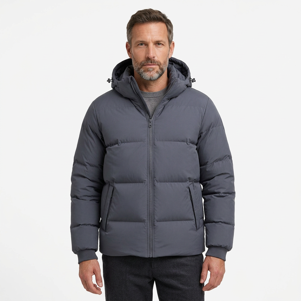 Man wearing dark grey hooded puffer jacket