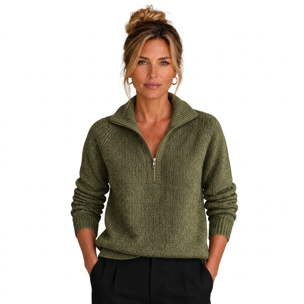 Women's Cashmere-Look Half-Zip Knitted Pullover Sweater with Long Sleeves