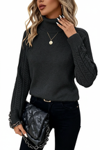 High-Neck Lantern Sleeve Sweater - Black