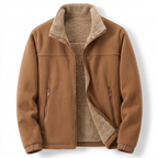 Caramel sherpa-lined fleece jacket on white background
