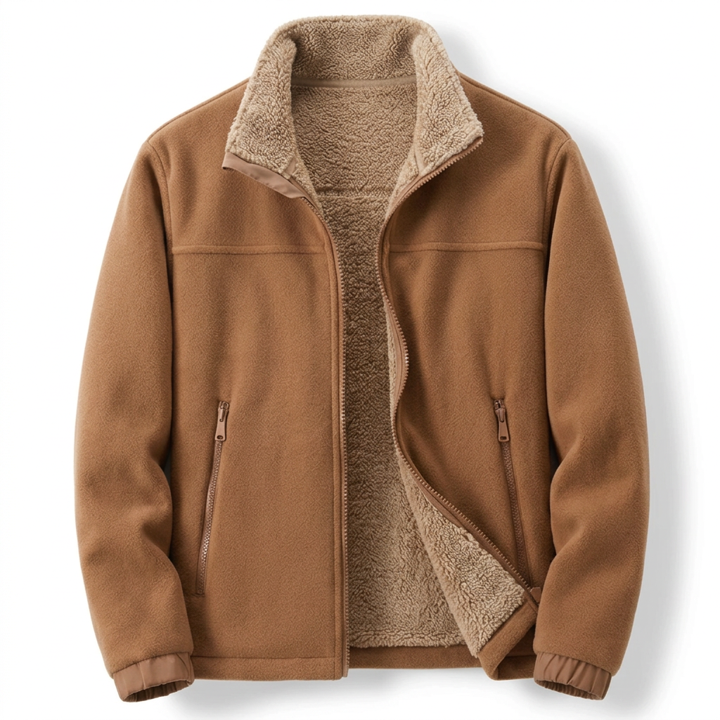 Caramel sherpa-lined fleece jacket on white background